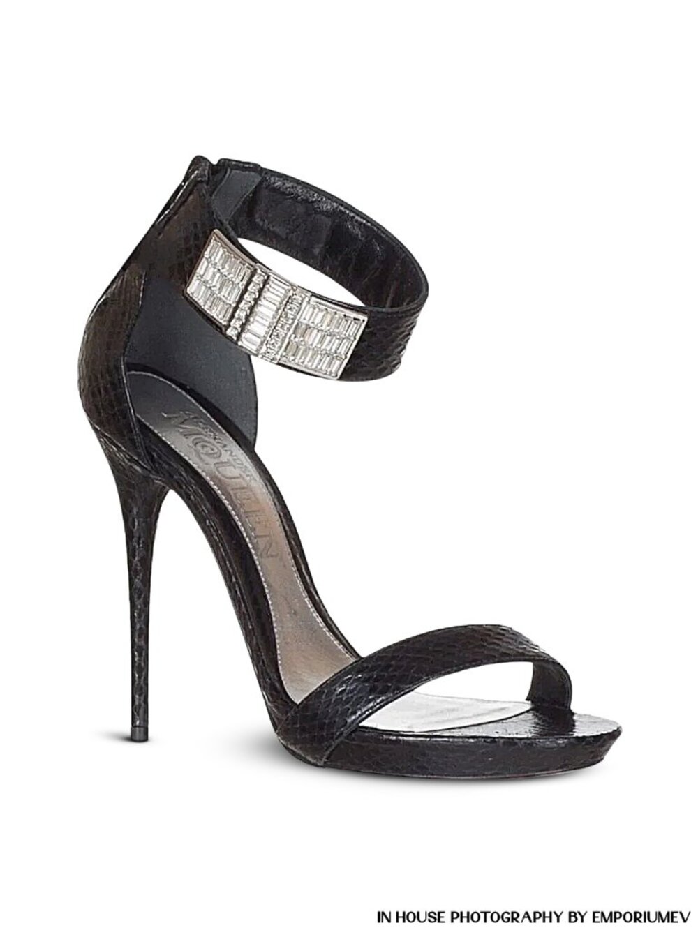 Alexander McQueen Women's Black Leather Snakeskin Ankle Strap Crystals Sandals